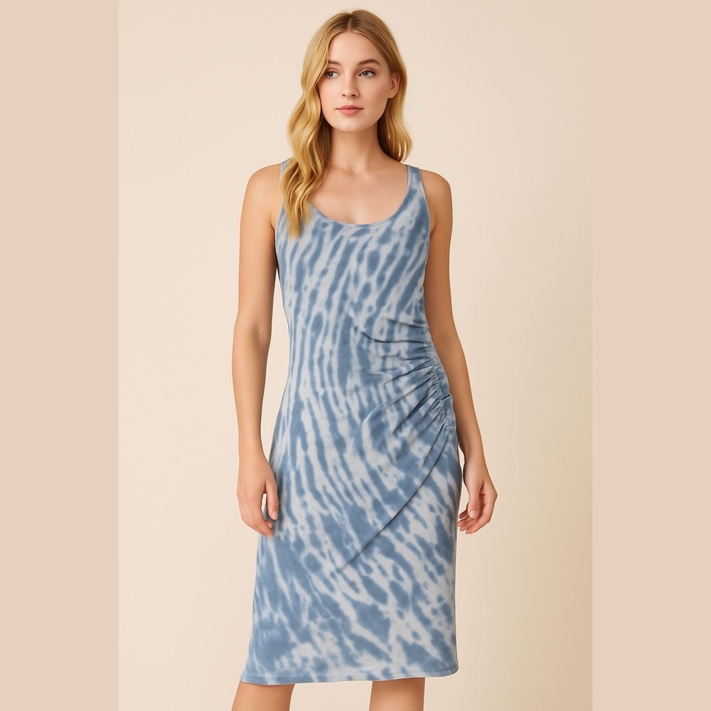 Skinnygirl Jeans Women's Connie Dress Size XS Ruched Midi Tank Blue Tie Dye NWT